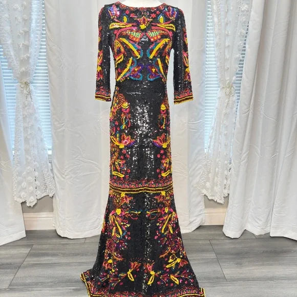 Alice and Olivia Beaded Sequin Embroidered Gown Dress Black Multicolor Size 8